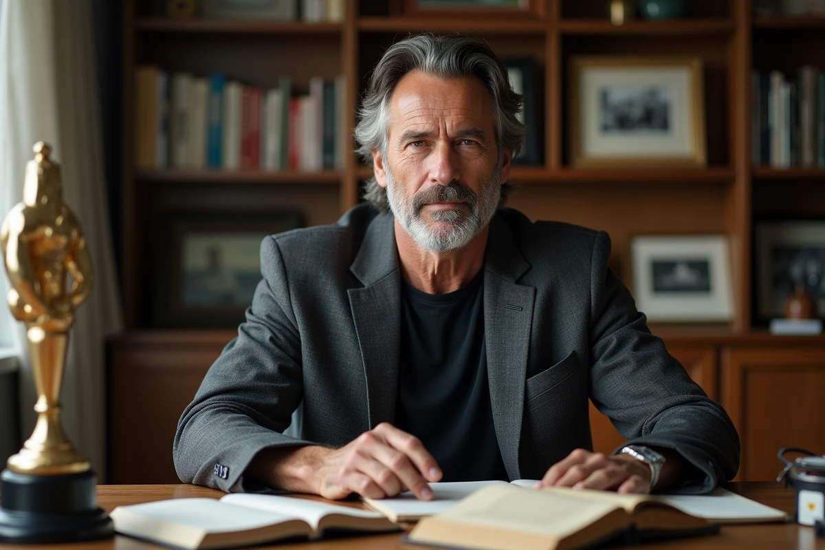 Portrait éditorial d'un homme mature aux cheveux poivre et sel dans un bureau entouré de trophées d'arts martiaux, évoquant la vie privée de Frank Dux