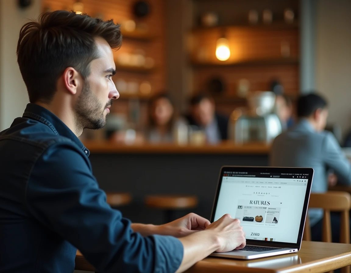 Homme gérant une commande Zara en ligne depuis un café avec un ordinateur portable