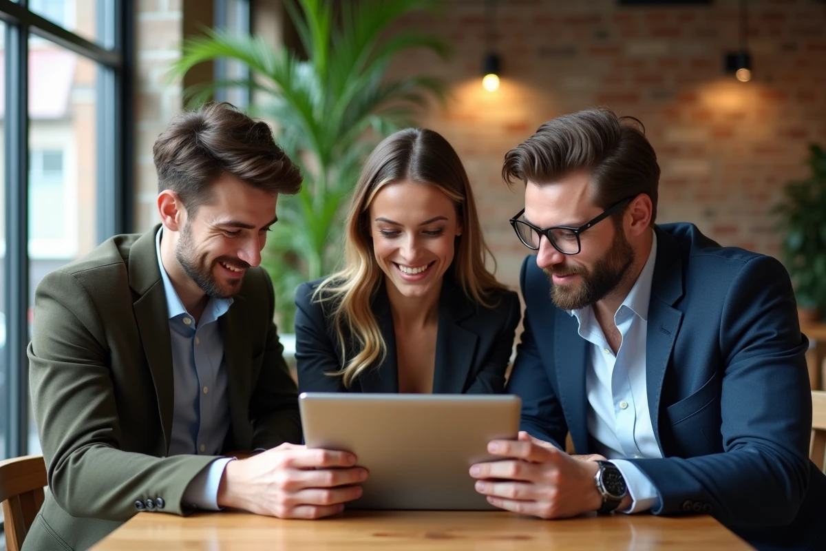 Groupe de professionnels collaborant au café