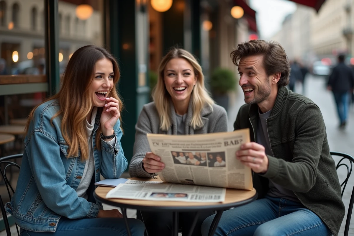 Groupe de personnes réagissant avec humour à une une politique dans un café parisien en terrasse