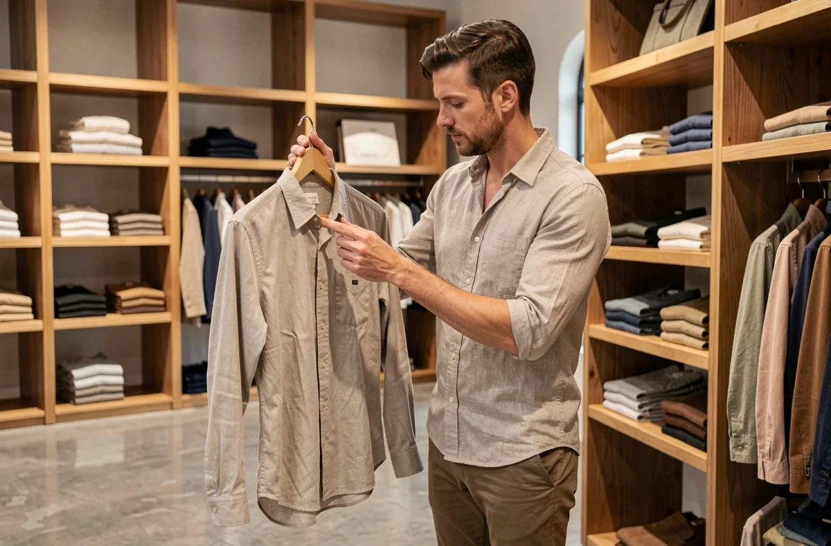 Homme consultant un guide de taille Freeman Porter dans une boutique de vêtements pour homme