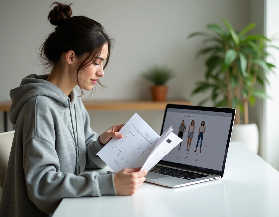 Femme consultant un guide de correspondance des tailles sur un bureau à domicile avec un ordinateur portable
