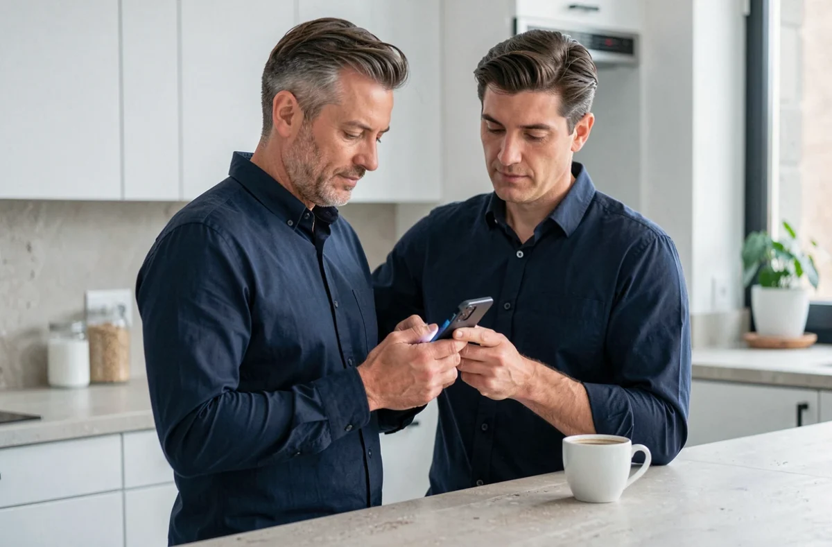 Homme consultant une application bancaire en ligne sur son smartphone dans une cuisine moderne