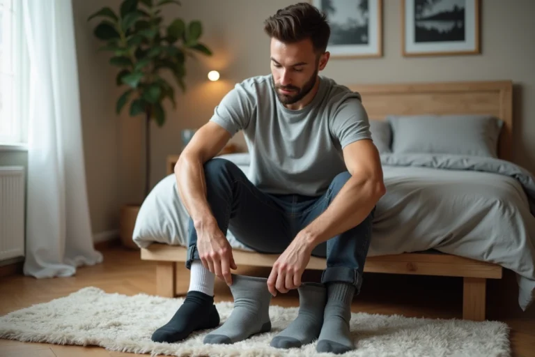 Homme assis comparant différentes chaussettes dans une chambre cosy