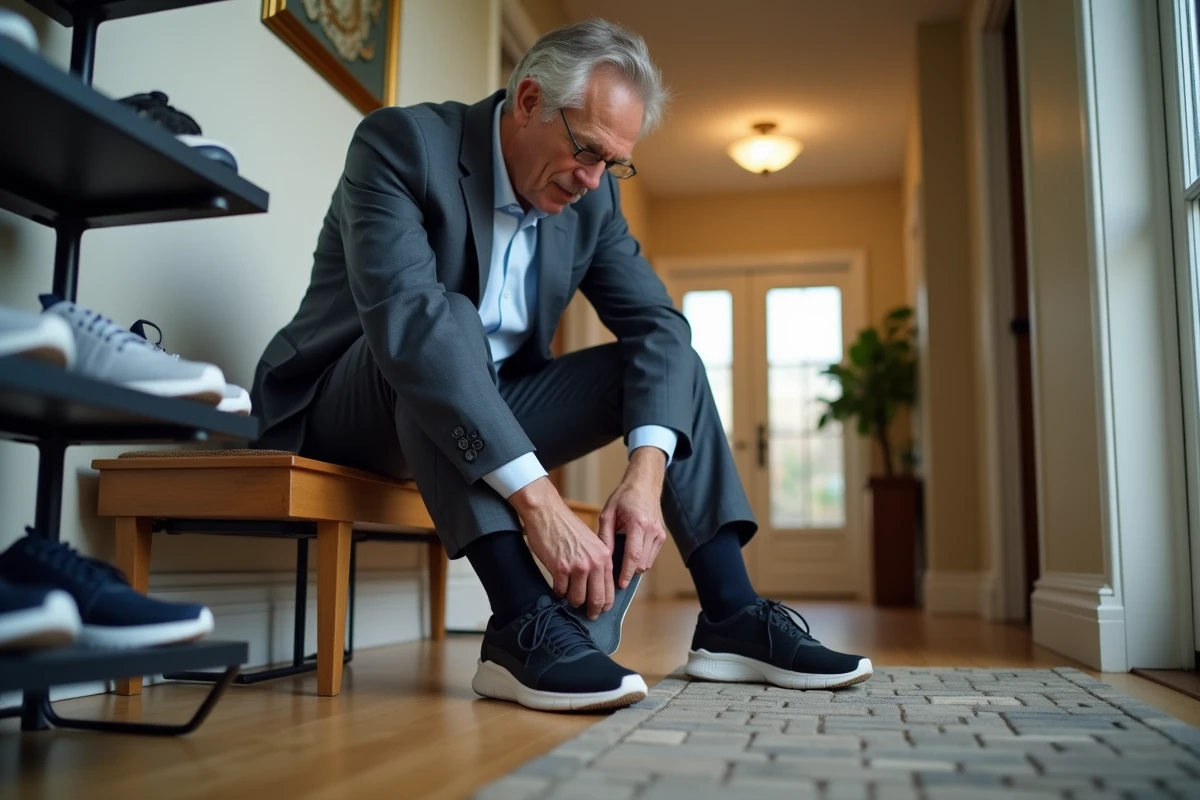 Homme insérant des semelles dans ses chaussures à la maison