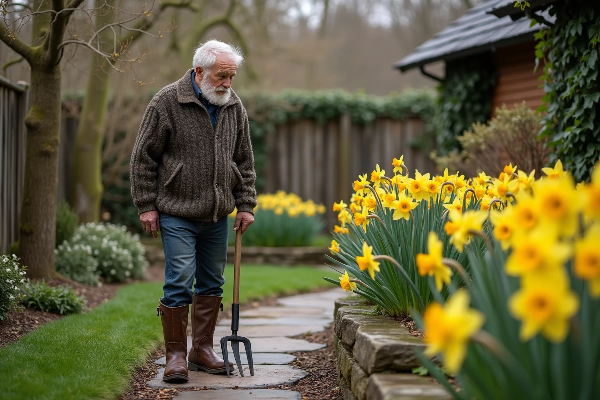 Homme âgé inspectant des jonquilles en jardin printanier