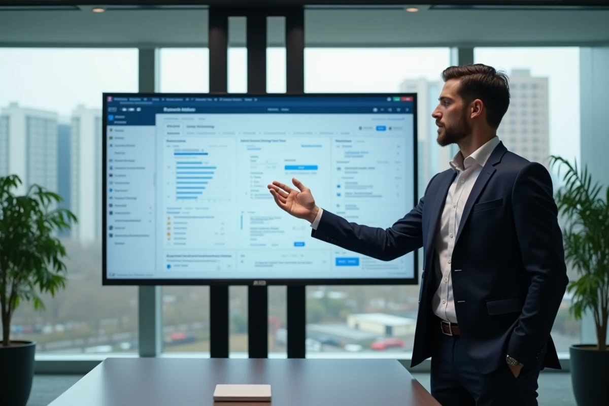 Homme d affaires devant plateforme de marché public en ligne