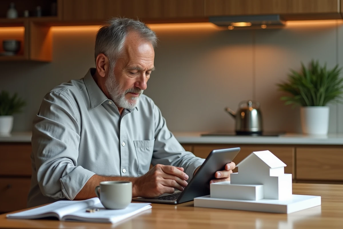 Homme consultant un portefeuille immobilier en ligne avec maquette de résidence sur table en bois
