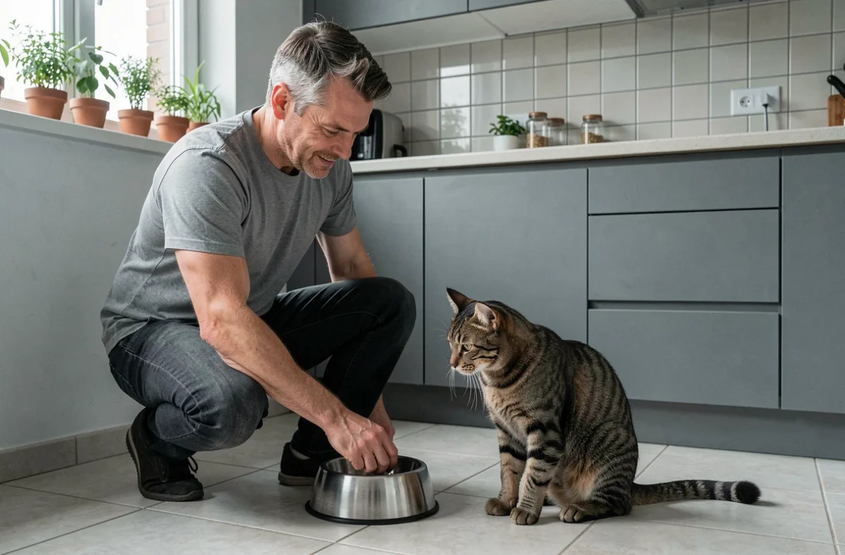 Homme remplissant le bol d'eau de son chat dans une cuisine moderne, hydratation et soins essentiels pour animaux