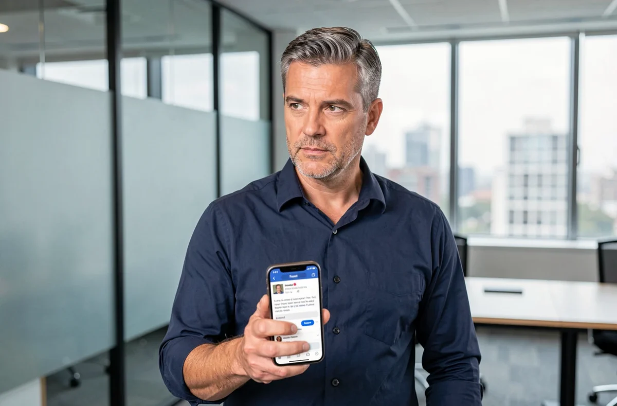 Homme vérifiant les partages d'une publication Facebook sur son smartphone dans un bureau moderne