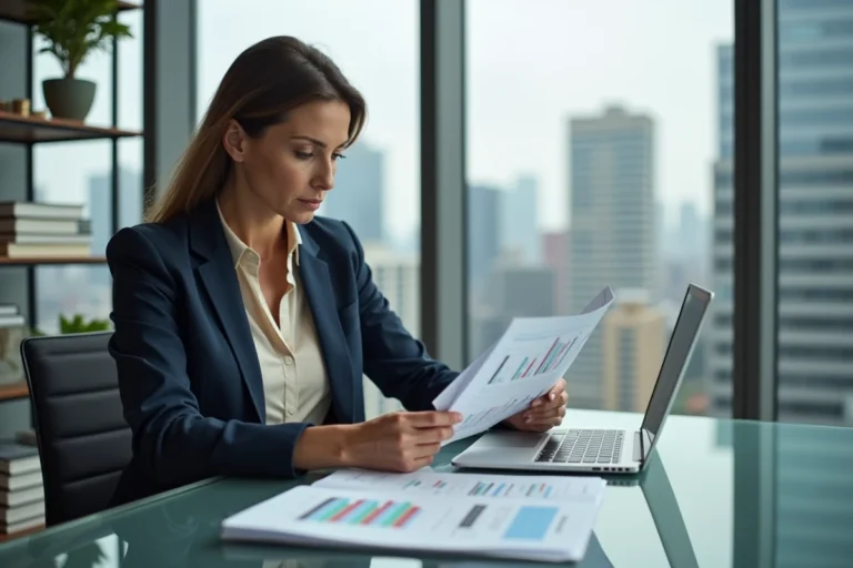 Femme investisseuse immobilière analysant des documents de placement patrimonial dans un bureau moderne