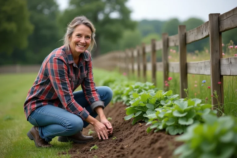 Femme d'âge moyen jardinant dans un champ rural