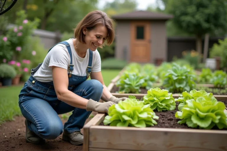 Femme en salopette de jardinage s'occupant de laitues vertes