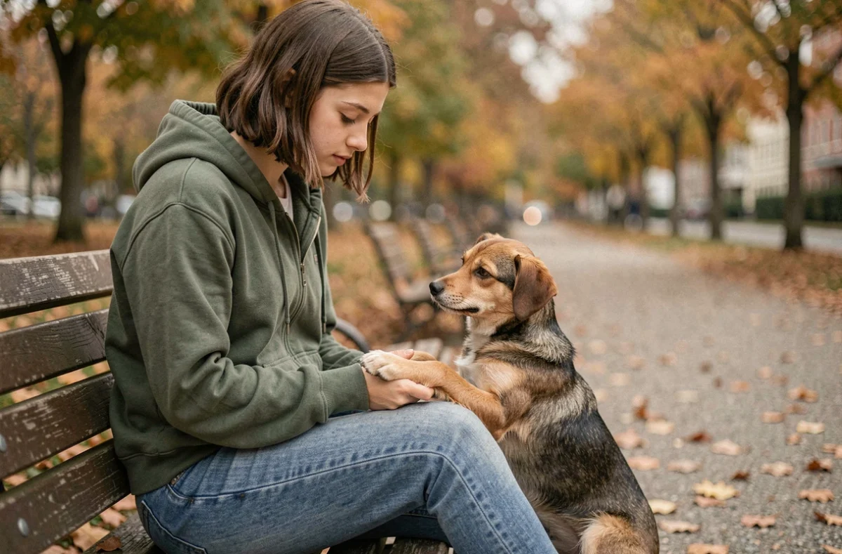 Jeune fille inspectant la patte de son chien dans un parc en automne, soins attentifs et santé des animaux de compagnie