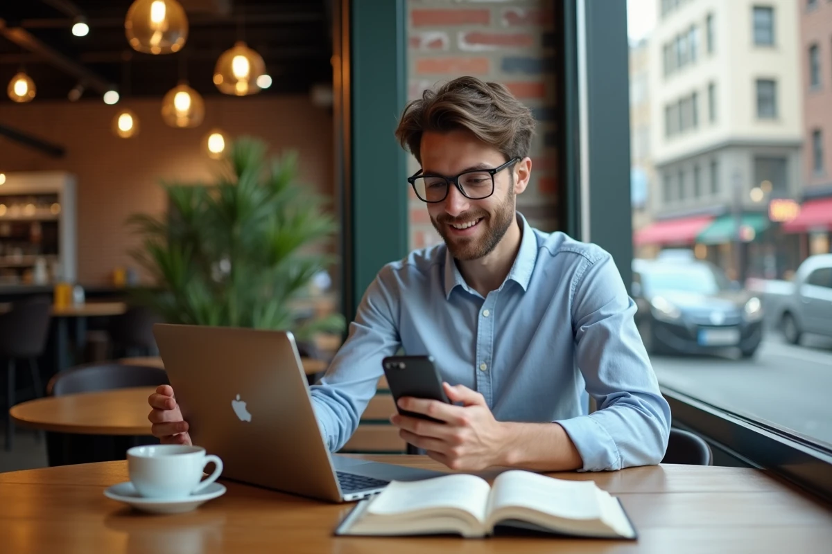 Jeune homme au café vérifiant une notification sur son ordinateur