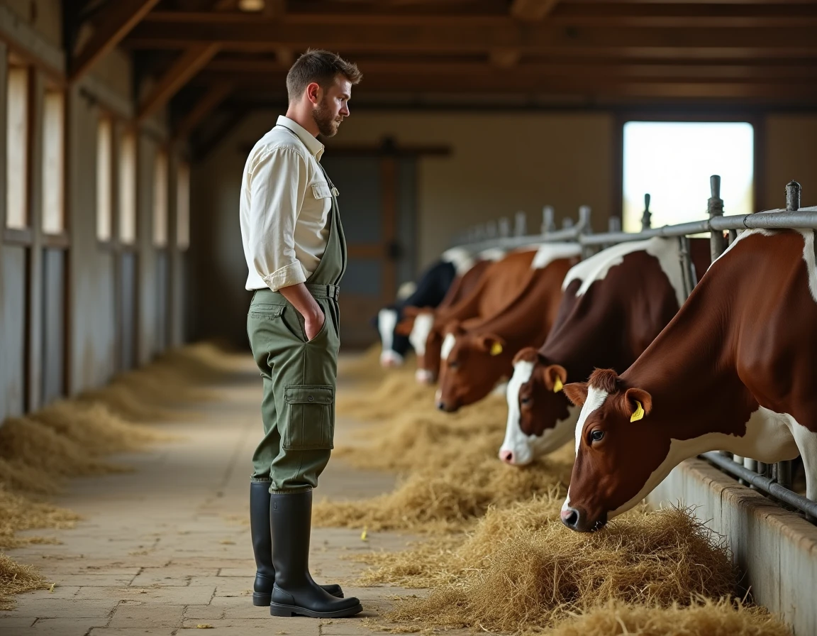 Jeune homme nourrissant des vaches laitières dans une grange rustique, activité d'élevage agricole pour découvrir la vie à la ferme
