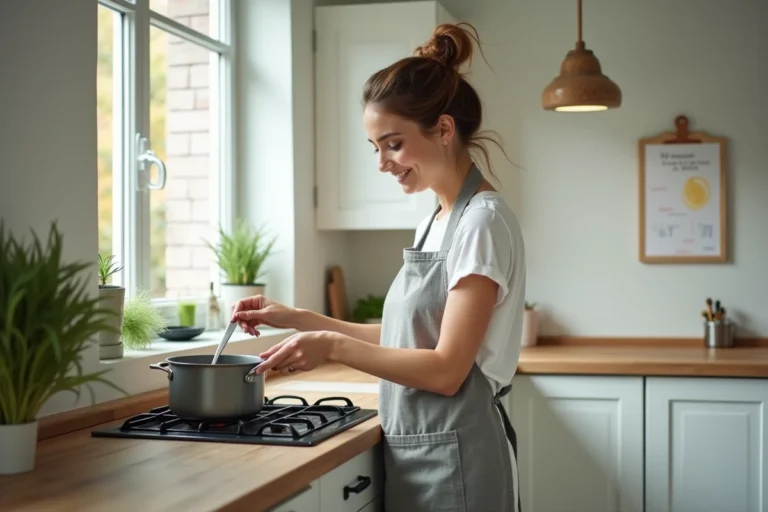 Maman multitâche dans une cuisine scandinave moderne, consultant sa liste de tâches tout en cuisinant