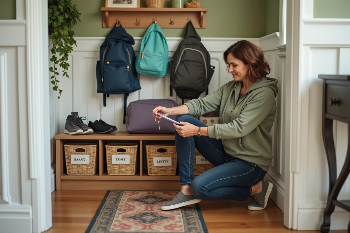 Maman organisant l'entrée de la maison avec des paniers et sacs d'école rangés efficacement