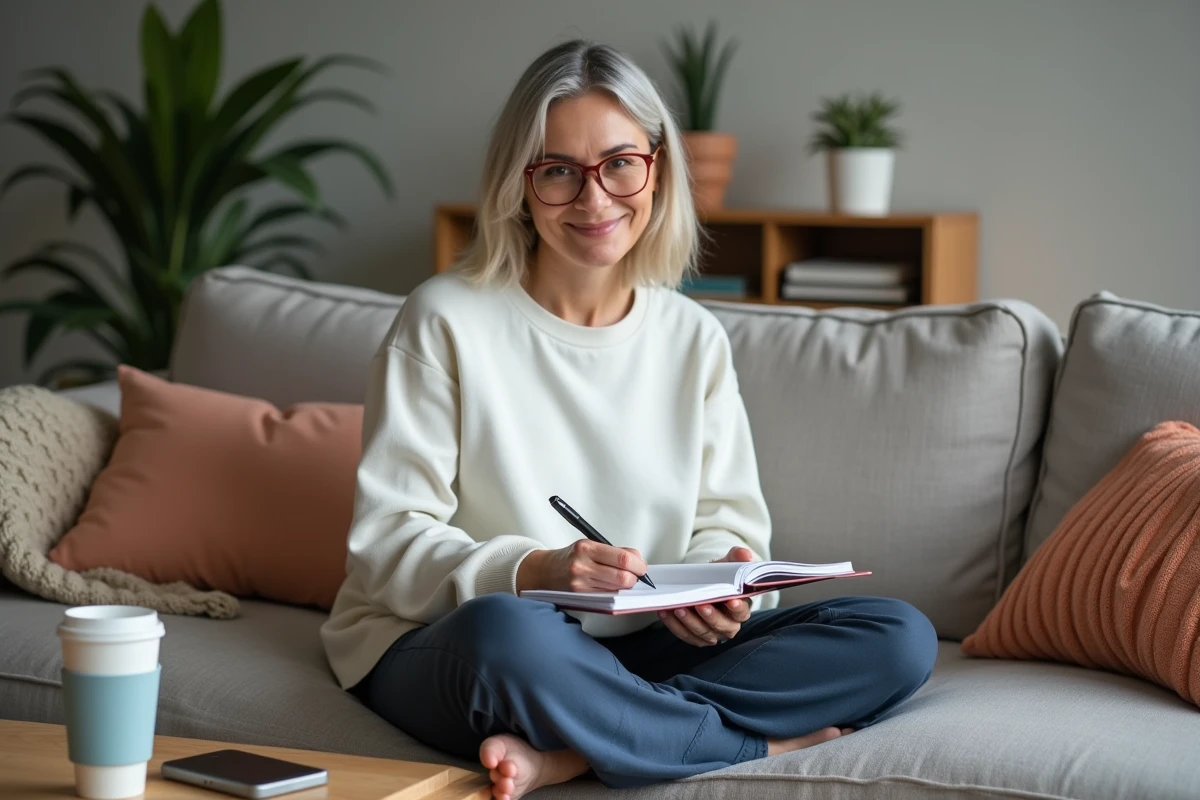 Maman organisée écrivant dans son agenda sur un canapé confortable avec café et smartphone