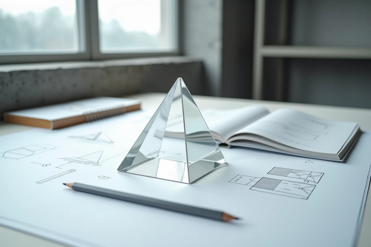 Modèle de pyramide à base triangulaire en acrylique transparent posé sur une table à dessin avec cahier de géométrie annoté