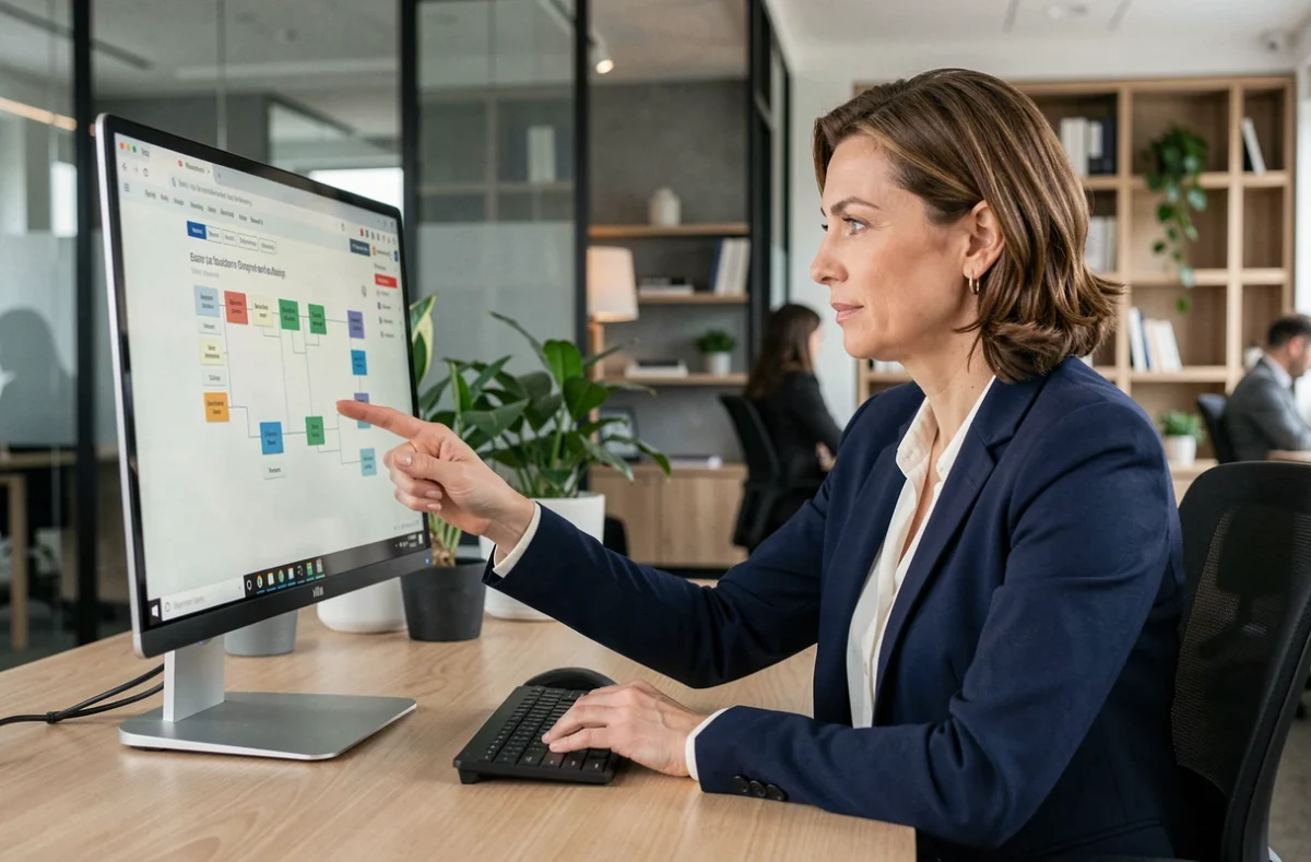 Femme professionnelle naviguant sur un plan de site d'entreprise sur un écran d'ordinateur dans un bureau moderne