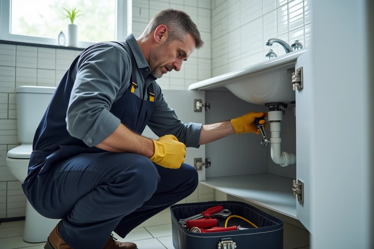 Plombier professionnel inspectant une canalisation sous un lavabo de salle de bain lors d'une intervention de débouchage