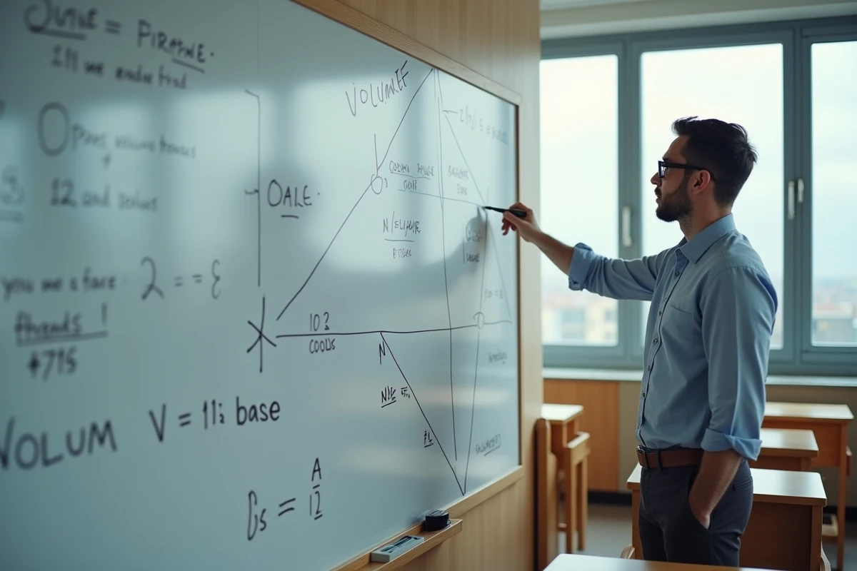 Professeur de mathématiques expliquant la formule du volume d'une pyramide à base triangulaire au tableau blanc