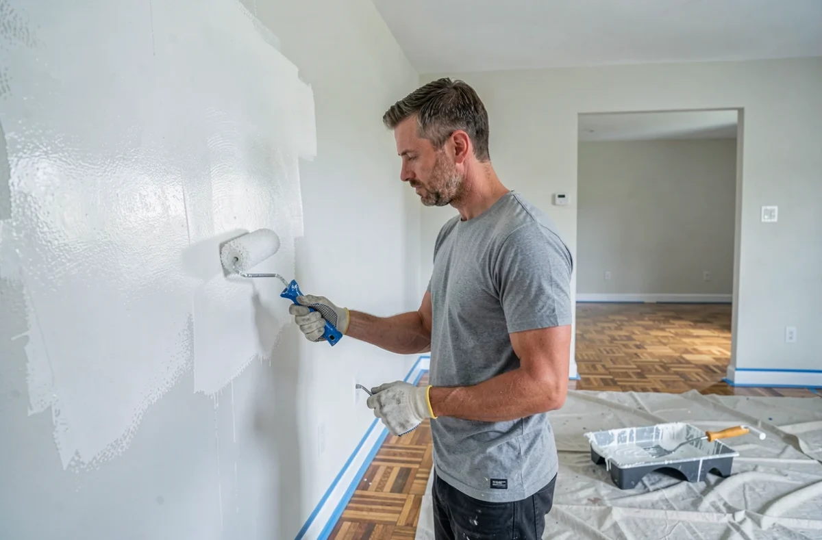 Homme qui repeint un mur intérieur en blanc avant la mise en vente de son bien immobilier