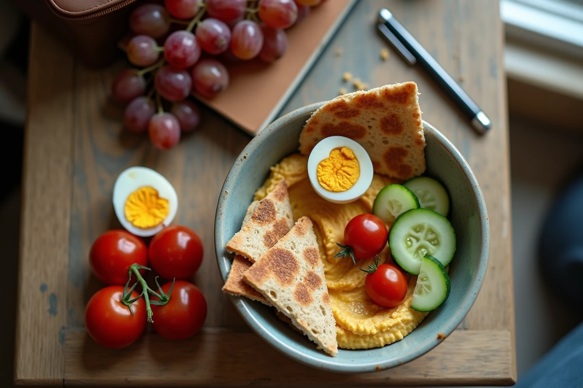 Vue du dessus d'un repas étudiant rapide et équilibré composé de houmous, légumes frais et pain pita sur un bureau