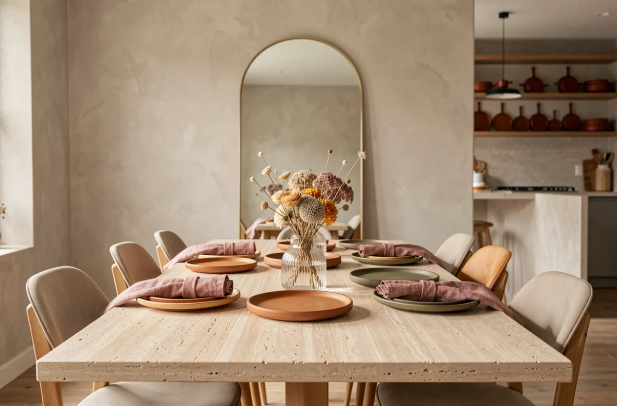 Table à manger en travertin décorée d'assiettes en grès, serviettes en lin et compositions de fleurs séchées, tendances déco salle à manger 2024