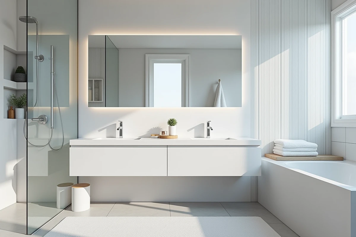 Salle de bain moderne d'une suite parentale avec double vasque encastrée, douche à l'italienne et carrelage grand format