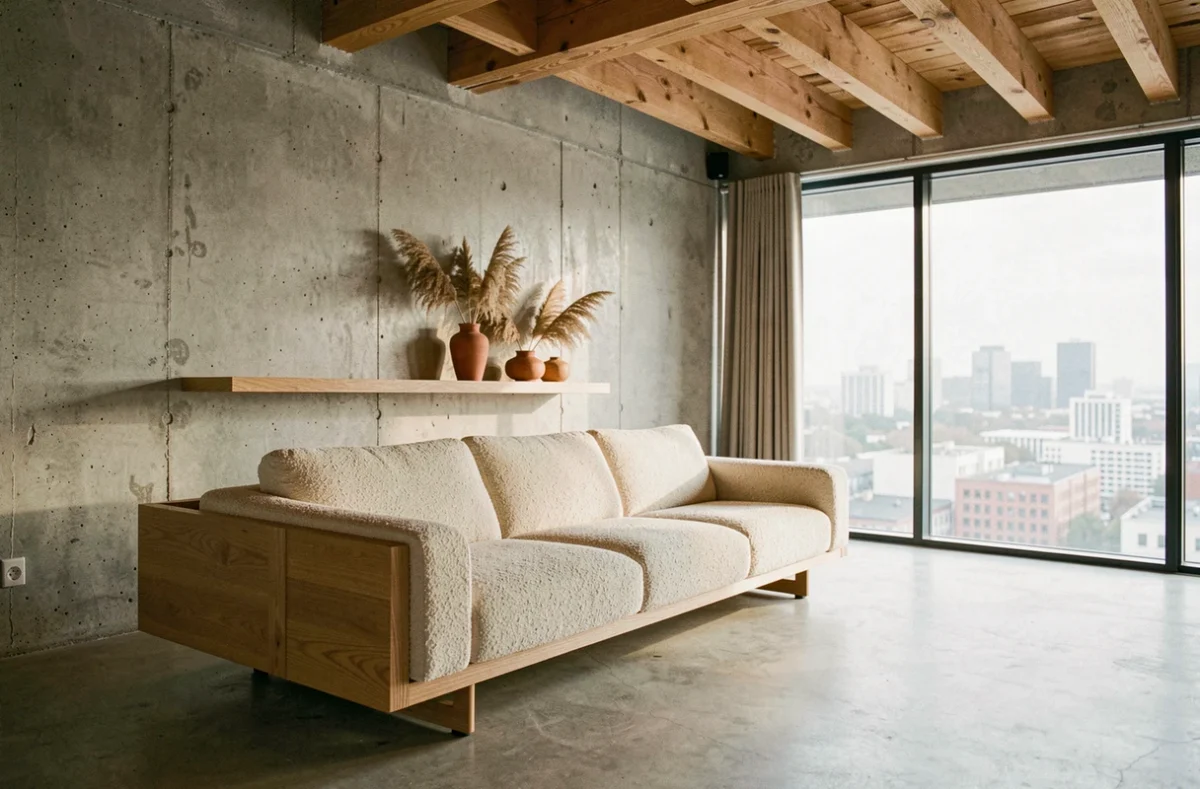 Salon scandinave contemporain avec canapé en bouclé crème, vases en céramique terracotta et étagères en chêne naturel, tendances déco 2024
