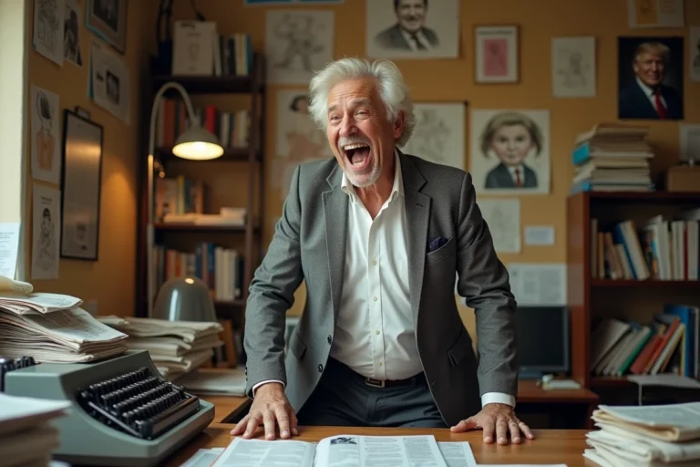 Satiriste politique dans un bureau éditorial encombré, riant devant des caricatures et des journaux, ambiance humoristique et politique