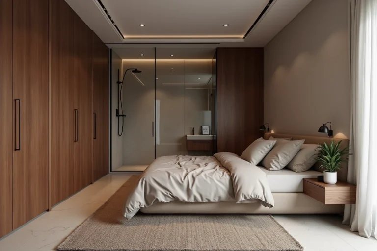 Suite parentale de 15m2 avec cloison en verre séparant la chambre et la salle de bain moderne attenante