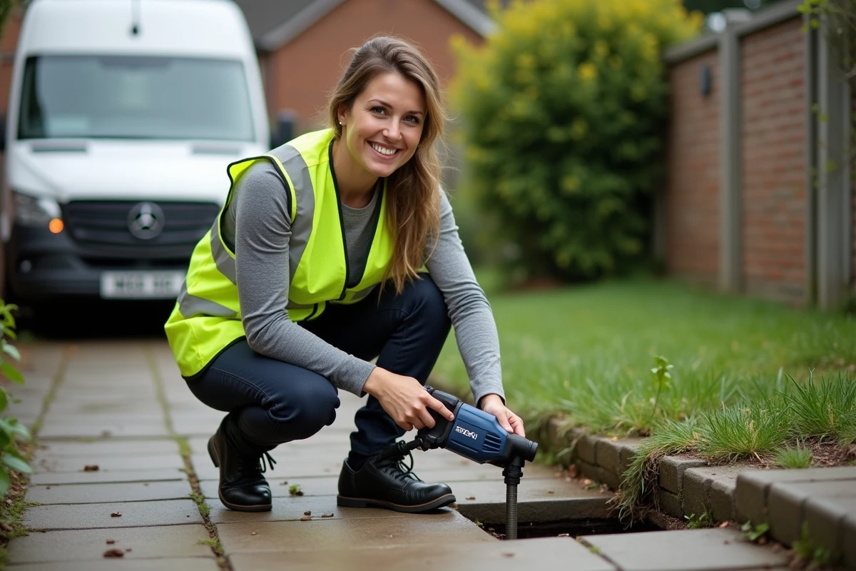 Technicienne en plomberie utilisant une machine de débouchage professionnelle sur un regard de canalisation extérieur