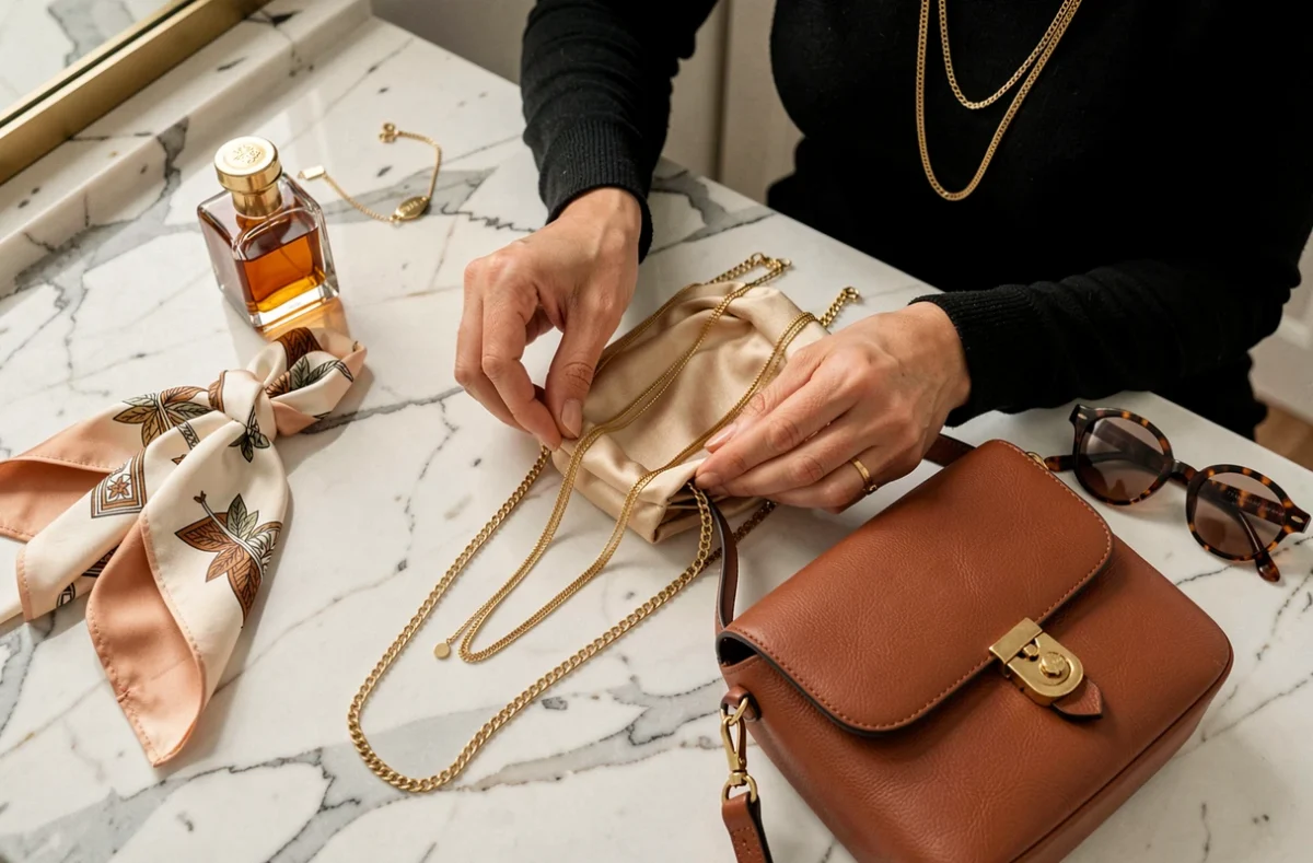 Accessoires de mode tendance 2024 — colliers dorés, foulard en soie et sac en cuir cognac — arrangés sur un marbre blanc