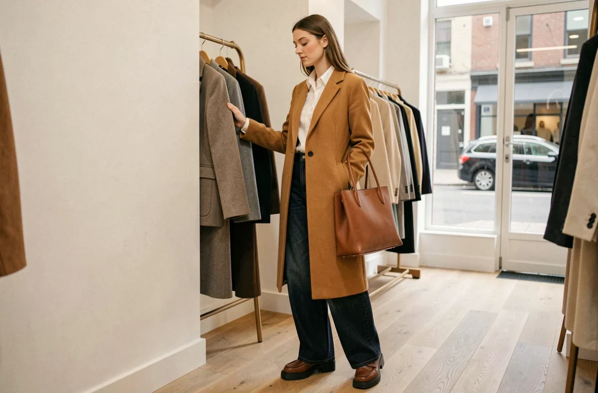 Jeune femme élégante portant un manteau camel et un jean large dans une boutique de mode minimaliste en 2024