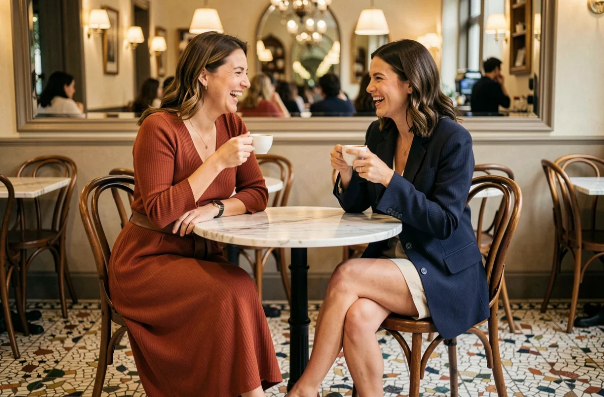 Deux femmes élégamment habillées selon les tendances 2024 dans un café parisien au décor vintage