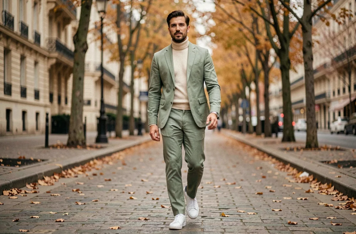 Homme élégant en costume lin sauge marchant sur un trottoir parisien aux tons automnaux, style tendance 2024