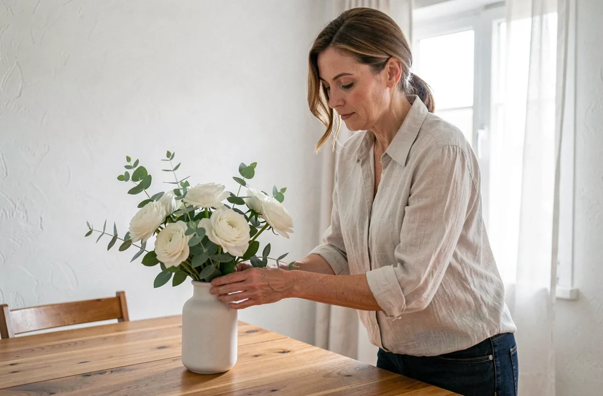 Femme qui arrange des fleurs blanches sur une table en bois dans un intérieur soigneusement mis en scène pour la vente immobilière
