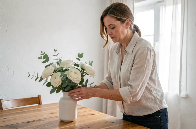 Femme qui arrange des fleurs blanches sur une table en bois dans un intérieur soigneusement mis en scène pour la vente immobilière