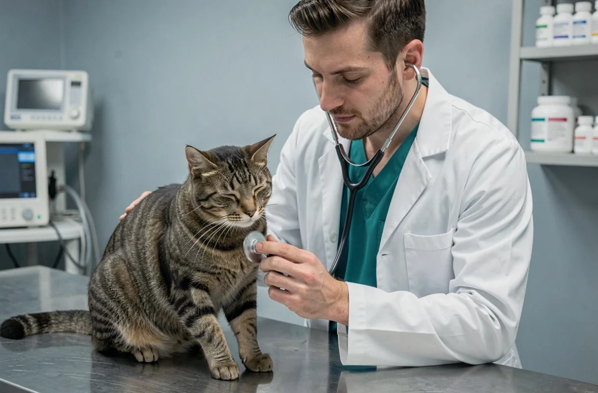 Vétérinaire examinant un chat tigré dans une clinique vétérinaire, soulignant l'importance des soins médicaux couverts par une assurance animaux