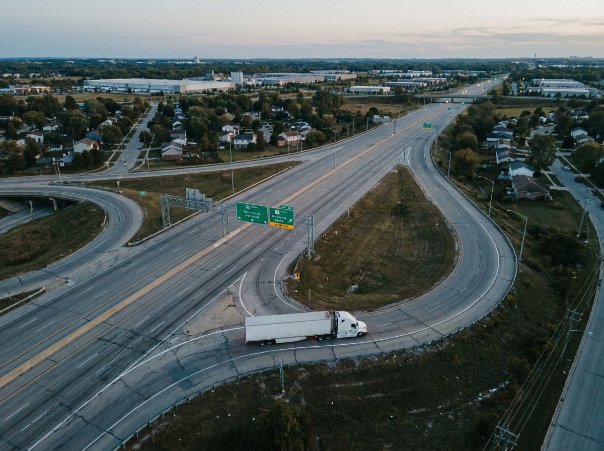 Vue aérienne d'un camion sur un échangeur autoroutier illustrant l'optimisation des trajets de livraison